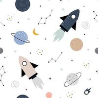 ilustración de fondo espacial con estrellas y cohetes patrón vectorial sin costuras dibujado a mano en estilo de dibujos animados para publicación, papel tapiz, tela, textil vector