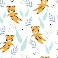 Cute cartoon animal background Seamless tiger pattern vector with leaves Hand drawn Use for publication, wallpaper, fabric, textile