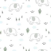 Seamless pattern child elephant hand drawn Cute cartoon animal backgrounds used for fabric, textiles, print, wallpapers, Vector illustration