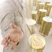 Stack of golden coins dollar sign 3d on white background photo