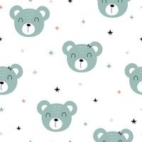 Seamless pattern, smiling face of a green bear and a small star spread as a backdrop. Cute hand drawn animal background in child style Vector illustration used for fabric, textile, publication