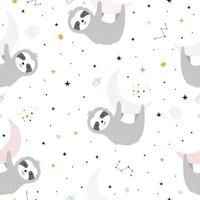 Seamless pattern for children Sloth cartoon character perched on the moon and star as a backdrop. Cute animal hand drawn background in child style. Vector illustration used for fabric, textile