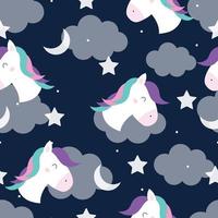 Seamless repeating pattern Unicorn horse floating in the sky with clouds and stars. Cute design, fairy tale cartoon style. Used for publication, gift wrapping, fashion, textile, vector illustration.