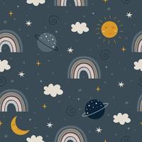 Starry sky and rainbow background Repeat seamless pattern hand drawn cartoon style design Use for publication, wallpaper, textile Vector illustration