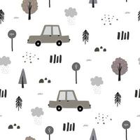 fondo de vehículo de patrones sin fisuras con coches antiguos y árboles y nubes diseño dibujado a mano en estilo de dibujos animados utilizado para telas de patrón, textiles, ilustraciones de vectores