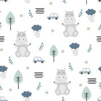 Seamless pattern Cartoon animal background That has a hippo with trees and cars Hand-drawn designs in child style Used for printing, wallpaper, textiles. Vector illustration