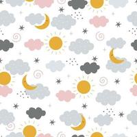 Seamless pattern The sky background with rainbow and clouds and sun Hand drawn design in cartoon style Used for publication, wallpaper, gift wrap Vector illustration