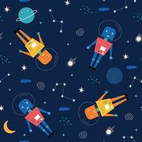 Seamless pattern Space background with robots, astronauts and stars Hand drawn design in cartoon style used for printing, wallpaper, textile, vector illustration