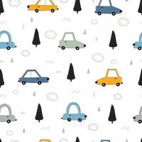 fondo de vehículo de patrones sin fisuras con coches antiguos y árboles y nubes diseño dibujado a mano en estilo de dibujos animados utilizado para telas de patrón, textiles, ilustraciones de vectores. vector