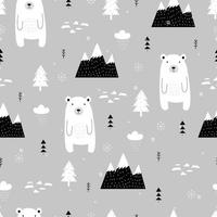 fondo de invierno de patrón vectorial sin costuras con oso blanco y montañas diseño dibujado a mano en estilo de dibujos animados vector