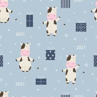 Seamless pattern Cartoon animal background with cow and gift box Hand drawn design in children's style, use for print, new year celebration wallpaper, fabric, textile. Vector illustration