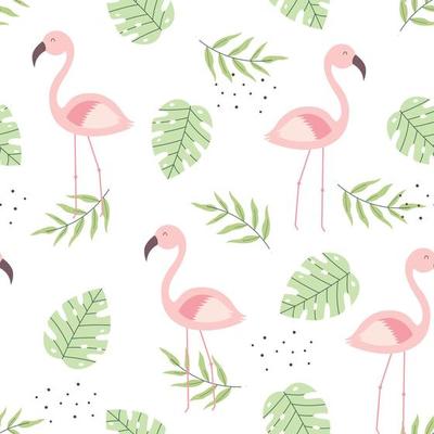 Seamless pattern Flamingo and leaves Hand drawn cartoon animal background  in childrens style The design used for Print, wallpaper, fabric, textile  Vector illustration 5240455 Vector Art at Vecteezy