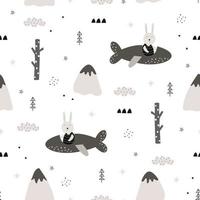 Vector pattern Seamless cartoon background with a rabbit driving a plane. Lovely design, hand drawn, used for print, fabric pattern, textile.