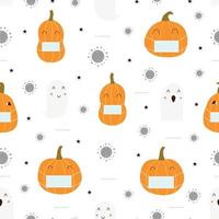 Cartoon pattern seamless Halloween background with ghost and pumpkin wearing a mask. Hand drawn design in New norm style used for print, wallpaper, fabric, textiles. Vector illustration