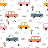 Vintage cars seamless pattern Winter background with a small Christmas tree and snow Hand is drawn design in cartoon style used for fabric, fashion textile, vector illustration