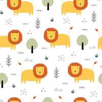 fondo de dibujos animados de animales de patrones sin fisuras con el león en pastizales diseño dibujado a mano en estilo infantil utilizado para tela patrón, textil, papel pintado. ilustración vectorial vector