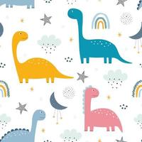 Dinosaur and rainbow in the sky Seamless pattern cute cartoon animal background hand drawn in kid style The design used for Print, wallpaper, fabric, textile Vector illustration