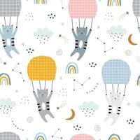 Vector pattern cute cartoon cats are airborne. Seamless background hand-drawn in the childish style used for print, wallpaper, fabric pattern, textile. Vector illustration