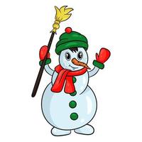 Snowman in hat and scarf with broom in his hands, isolated on white background. Vector illustration, cartoon style
