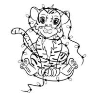 Tiger got tangled in the garland. The symbol of the new year according to the Chinese or Eastern calendar. Outline for coloring. Vector editable illustration, cartoon style