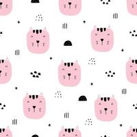 Seamless pattern pink cat face Cute cartoon animal background hand drawn in childrens style used for print, wallpaper, room decoration, fabric pattern, textile. Vector illustration