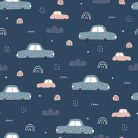 Seamless pattern Car background with polka dots and clouds Hand drawn design in cartoon style, use for prints, fabric designs, wallpaper, decoration. Vector illustration