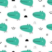 The seamless pattern has a crocodile face with black dots. Cute animal cartoon backgrounds hand drawn in childrens style used for print, wallpaper, fabric pattern, textile. Vector illustration