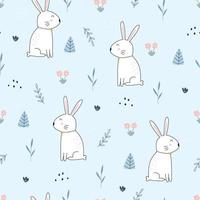 Seamless pattern cute cartoon animal background with a white rabbit with flower garden Hand drawn design in kid style, use for print, wallpaper, decoration, textile. Vector illustration