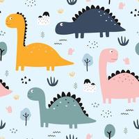 Dinosaurs and trees Seamless pattern cute cartoon animal background hand drawn in kid style The design used for Print, wallpaper, decoration, fabric, textile Vector illustration