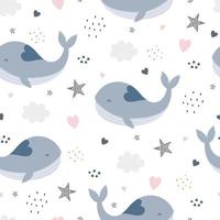 Blue whale with stars and heart Seamless pattern The design used for Fabric pattern, textile, print, wallpaper, wrapping paper vector illustration on white background