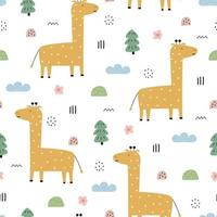 Seamless pattern Cartoon animal background with giraffe and trees Hand drawn design in cartoon style, use for print, fabric pattern, wallpaper, decoration. Vector illustration