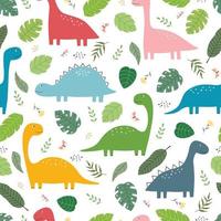 Dinosaur and leaf seamless pattern Cute cartoon animal background hand-drawn in kid-style design for print, decorative wallpaper, fabric, textile. Vector illustration