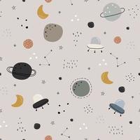 Space background illustration with stars and UFO seamless vector pattern hand drawn in cartoon style used for print, wallpaper, decoration, textile fabric.