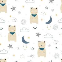 Bear with the sky and stars Seamless pattern Cute cartoon animal background hand-drawn in children's style for print, wallpaper, decorative, fabric, textile. Vector illustration