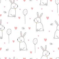 Seamless pattern cute cartoon animal background with a rabbit with heart balloons Hand drawn design in kid style, use for print, wallpaper, decoration, textile. Vector illustration