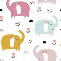 el pequeño elefante en el jardín de flores de patrones sin fisuras diseño dibujado a mano de fondo de dibujos animados de animales lindos en estilo infantil, uso para impresión, papel pintado, decoración, tela, textiles. ilustración vectorial vector