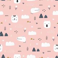 Seamless pattern Animal face with bear and cat and crocodile on pastel pink background. Hand drawn design in cartoon style, used for Textile, Fabric, Print, Decoration wallpaper. Vector illustration