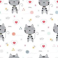 lindo gato con icono de corazón patrón sin costuras dibujado a mano en estilo infantil, uso para impresión, papel tapiz, patrón de tela, textiles. ilustración vectorial vector