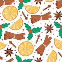 Christmas seamless pattern. Cinnamon, orange, clove, anise and mistletoe. Winter holidays concept.