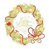 Christmas wreath with red bow and ribbon. Decorated wreath of pine branches realistic look, with berries, star and pearl decorations vector