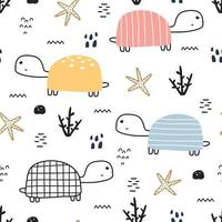 Turtle seamless pattern cute cartoon animal background for kids Hand drawn design in cartoon style. Use for fabric, textile, print, wallpaper, vector illustration.