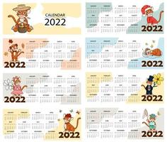 Calendar design template for 2022, the year of the tiger according to the Chinese or Eastern calendar, with an illustration of the tiger. Horizontal table with calendar for 2022. Vector