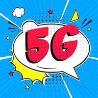 5g nueva conexión inalámbrica a internet wifi estilo cómico discurso burbuja exclamación texto 5g estilo plano diseño ilustración vectorial aislado sobre fondo de rayos. nuevo icono de signo de internet móvil 5g en globo. vector