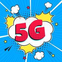 5G new wireless internet wifi connection comic style speech bubble exclamation text 5g flat style design vector illustration isolated on rays background. New mobile internet 5g sign icon in balloon.