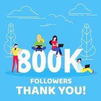 Thank you 800000 followers numbers postcard. People man, woman big numbers flat style design 800k thanks vector illustration isolated on blue background. Template for internet media and social network