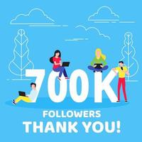 Thank you 700000 followers numbers postcard. People man, woman big numbers flat style design 700k thanks vector illustration isolated on blue background. Template for internet media and social network