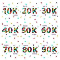 Thank you 10-90k followers numbers postcard set. Congratulating gradient flat style gradient thanks image vector illustration isolated white background. Template for internet media social network.