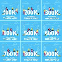 Thank you 100-900k followers numbers postcard set. Template for internet media and social network. vector