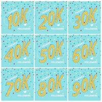 Thank you 10-90k followers numbers postcards set. Congratulating retro flat style design thanks image vector illustration isolated on confetti background. Template for internet media, social network.