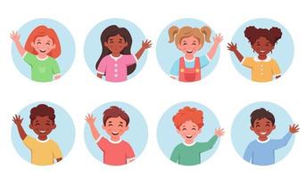 Children of different nationalities smiling and waving hands. vector